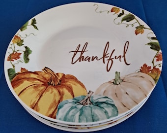 Lot 4 Royal Norfolk PUMPKINS 7 1/2&quot; SALAD PLATES Thanksgiving Autumn Fall Leaf Thankful