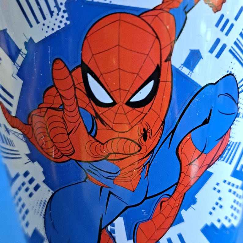 May include: A close-up of a Spider-Man graphic. The superhero is depicted in his classic red and blue suit, with a web pattern on his face and body. The background is blue with white city building outlines.