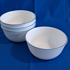 Lot 4 Corelle MEMPHIS 6 1/4&quot; SUPER Soup/Cereal BOWLS Blue Rim Band