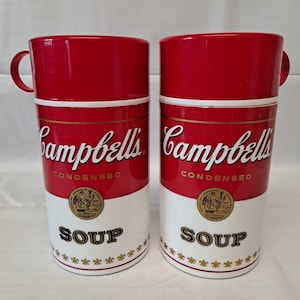 Lote 2 Vintage CAMPBELL&#39;S SOUP THERMOS Contenedor aislado Tapa Can-Tainer Taza de viaje