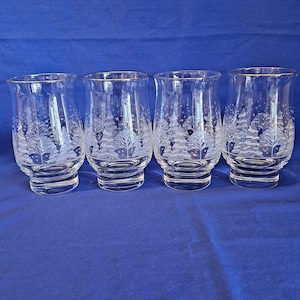 Lot 4 ARBY&#39;S Vintage CHRISTMAS Frosted Winter Wonderland 5 1/4&quot; JUICE Glasses Libbey Gold Rim Water Tumbler Lynn&#39;s China Pines Goblet