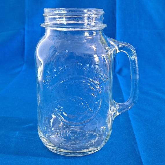 Vintage Golden Harvest 26 oz MASON DRINKING JAR Handled Cornucopia Glass Mug