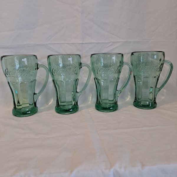 4 Vintage COCA COLA GLASSES Coke Logo Thick Heavy Green Mug Handled 6 1/4" Soda