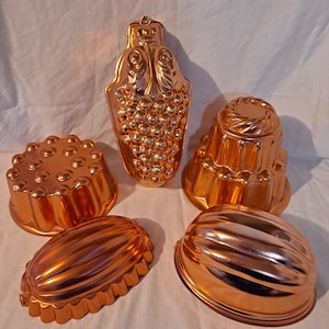 Vintage Lot 5 COPPER MOLDS Starburst Tiered Jello Cake Baking Pan Wall Hanging Decor