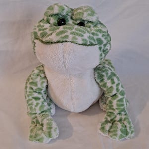 May include: Green and white plush frog with a white belly and black eyes. The frog is sitting on a white surface.
