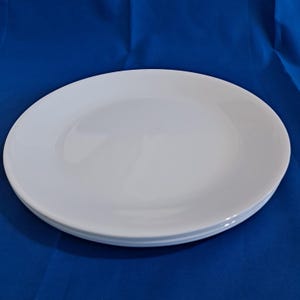 May include: A stack of three white, round ceramic plates. The plates are stacked on top of each other, with a slightly raised rim. The plates are set against a blue background.