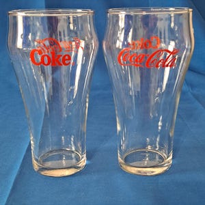 Vintage Lot 2 COCA COLA GLASSES Red Letters Coke Bell Logo Promo