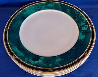 Retroneu Fine China Lot 4 JADE GARLAND DINNER Plates 3020 Green Marble Gold Trim 10 5/8"