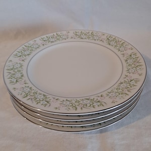 May include: A stack of four white dinner plates with a delicate floral pattern in shades of green and pink. The plates have a silver rim.
