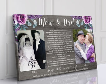 May include: A wood-grain background with a floral design in purple and green. Two black and white photos are displayed, one of a couple on their wedding day and the other of the couple in their later years. The text "Mom & Dad" is written in white cursive font. The text "Happy 60th Anniversary!" is written in white cursive font. The text "With all our love and warmest wishes, Amy, Jonathan, Rebecca & Milosh" is written in white cursive font. The years "1963" and "2023" are written in white font.