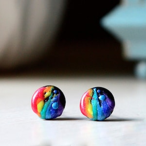 Original design - Dripping rainbows - HYPOALLERGENIC comfortable screw on back studs- splatter paint PRIDE earrings handmade with pride!