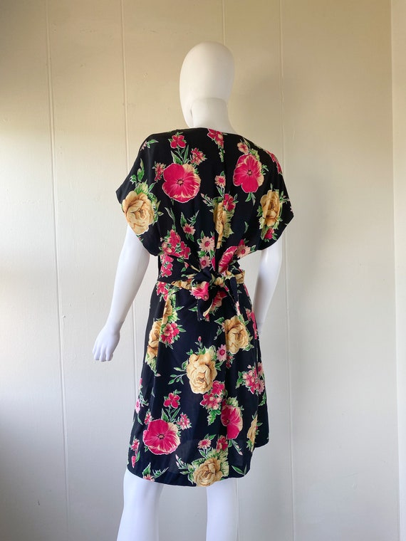 Vintage 80's Black & Floral Print Tie Waist Dress… - image 4