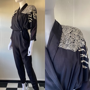 Vintage 1980&#39;s Decisions Black Long Sleeve Jumpsuit with Abstract Print | Small