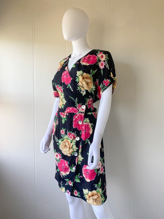 Vintage 80's Black & Floral Print Tie Waist Dress… - image 2