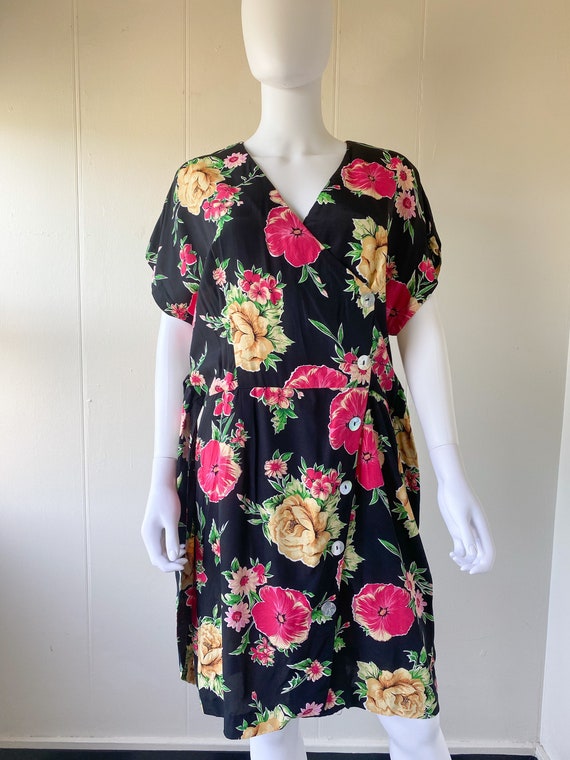 Vintage 80's Black & Floral Print Tie Waist Dress… - image 5