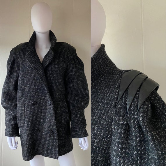 Vintage 1980's Grey Tweed Jacket with Leather Sho… - image 1