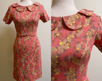 Vintage 1960's Orange Petal Collar Pencil Dress | Small