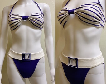 Vintage 1990's Blue & White Striped High Waisted Bikini | Large