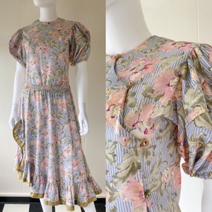 Vintage 80&#39;s Cottagecore Pastel Floral Ruffle Skirt Set with Puff Sleeve Blouse | Small