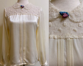 Vintage 1980's White Satin Blouse with Lace Collar | Medium