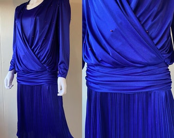 Vintage 1980's Royal Blue Long Sleeve Draping Formal Dress with Drop Waist | Medium | Susan Roselli for Vijack