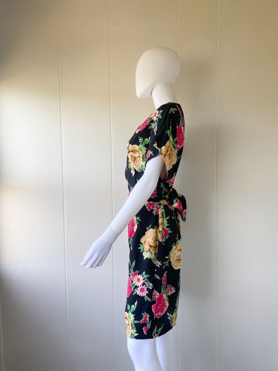 Vintage 80's Black & Floral Print Tie Waist Dress… - image 3