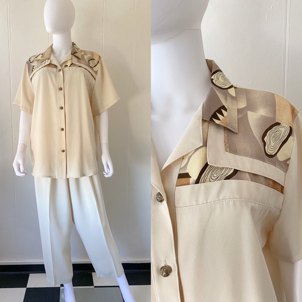 Vintage 1980's Cream New Wave Pantsuit | Short Sleeve Button Down | XL