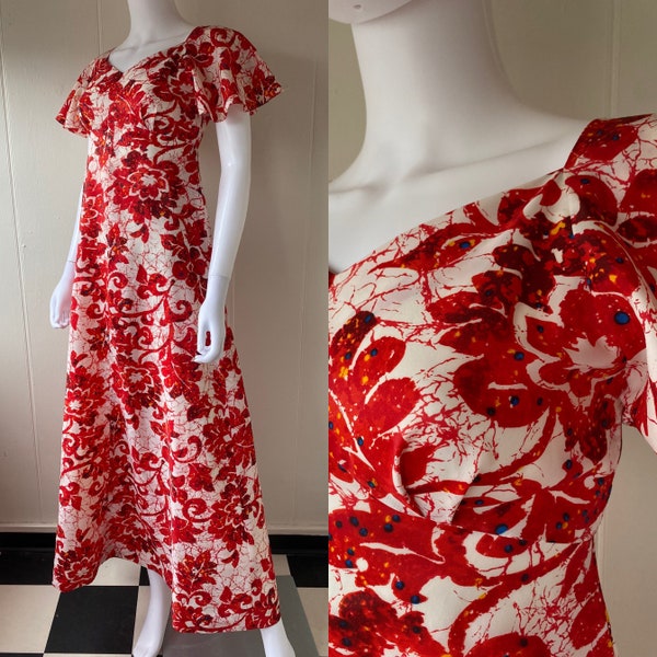 Vintage 1960's Keone Sportswear Hawaiian Maxi Dress | Batik Style Floral | Empire Waist | Small