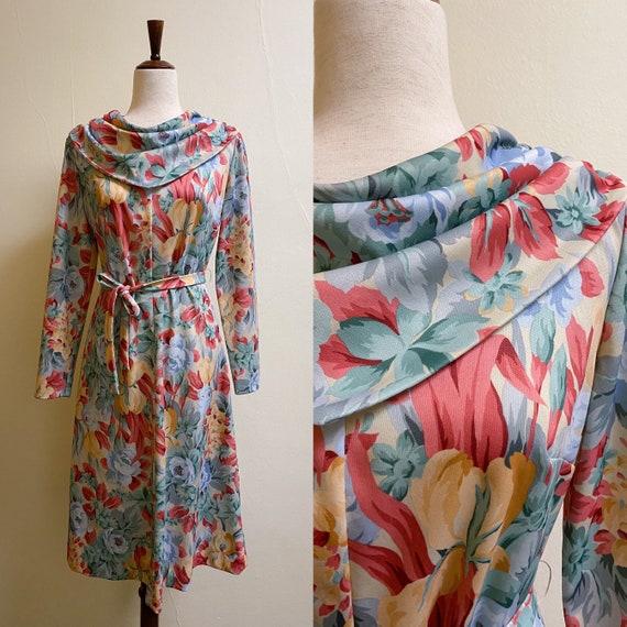 Vintage 1970's Long Sleeve Floral Cowl Neck Dress… - image 1