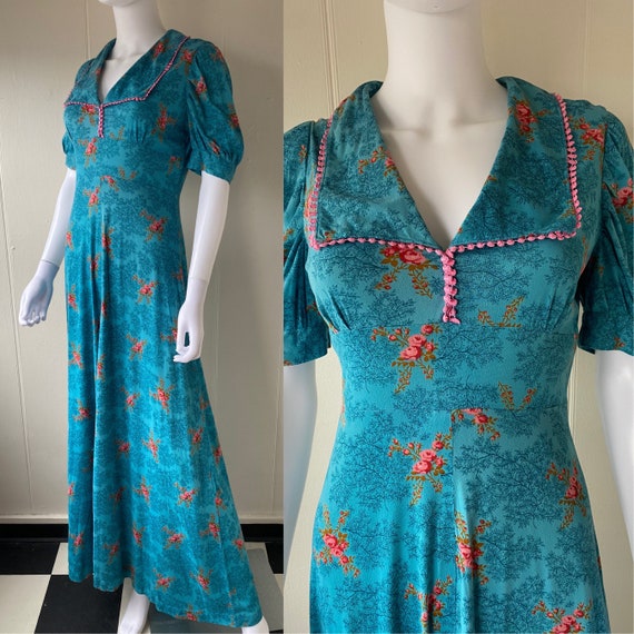 Vintage 1970's Handmade Blue Floral Maxi Dress | … - image 1