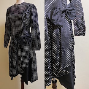 Vintage 1980&#39;s Black & White Polka Dot Party Dress | Large