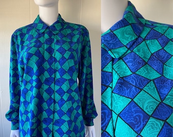 Vintage Miss Sophisticates by Pendleton Blue & Green Graphic Print Polyester Button Down Blouse | Large