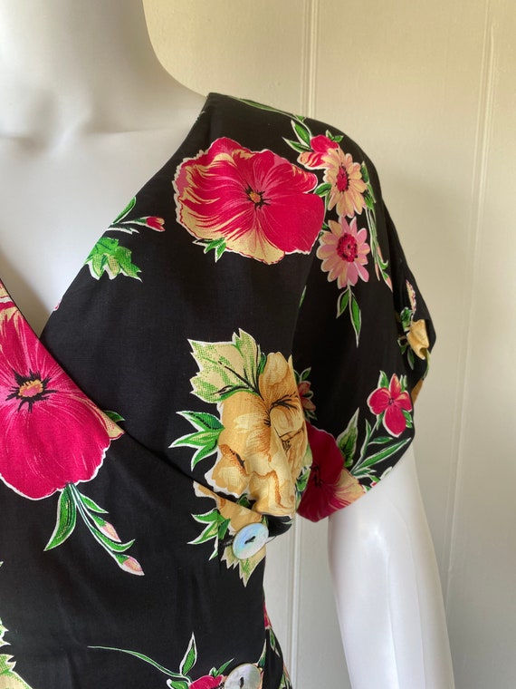 Vintage 80's Black & Floral Print Tie Waist Dress… - image 8