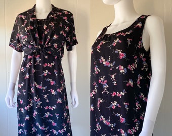Vintage 1990's Black & Pink Floral Sleeveless Sundress with Short Sleeve Button Down | Carol Anderson | Medium