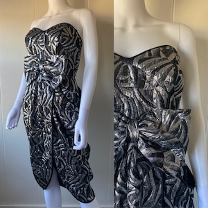 Vintage 1980&#39;s Miss Elliette Silver Strapless Party Dress with Bow | Medium