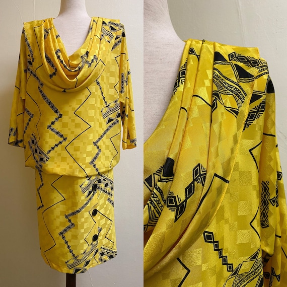 Vintage 1980's Cowl Neck Yellow Geometric Print D… - image 1