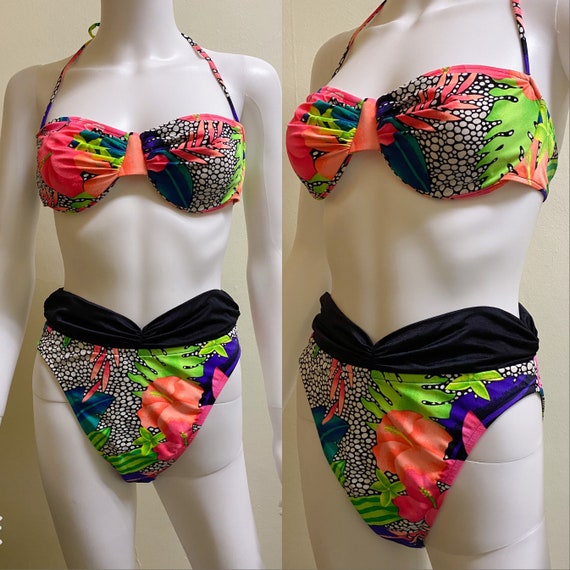 Vintage 1990's Neon Floral High Rise Bikini | Lar… - image 1