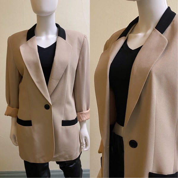 Vintage Oversized Single Breasted Tan Blazer with Black Collar | Large