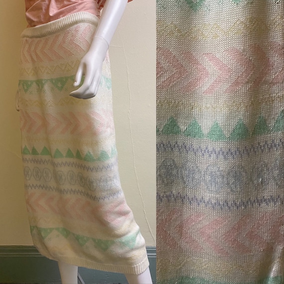 Vintage 1980's Pastel Geometric Knit Pencil Midi … - image 1