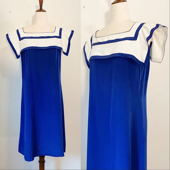 Vintage 1980's Nautical Inspired Silk Dress | Med… - image 1