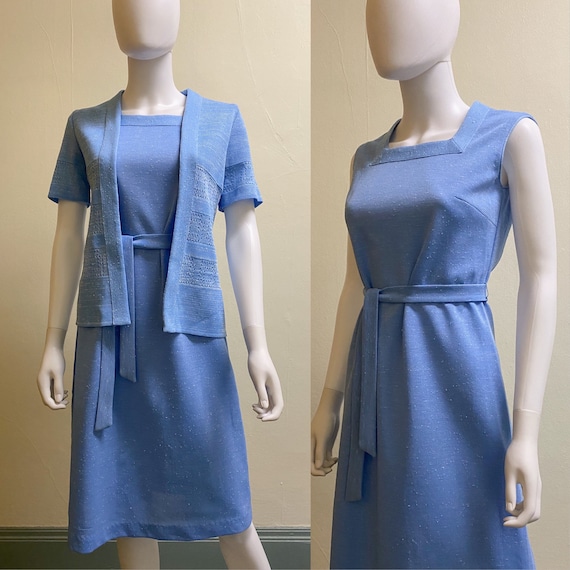 Vintage 1970's Baby Blue Sleeveless Dress with Bo… - image 1