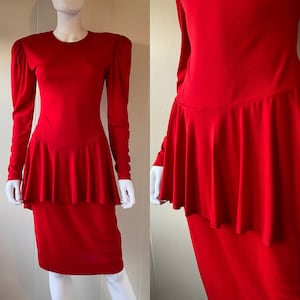 Vintage 1980&#39;s Red Long Sleeve Mini Dress with Peplum | Small | Kathryn Conover