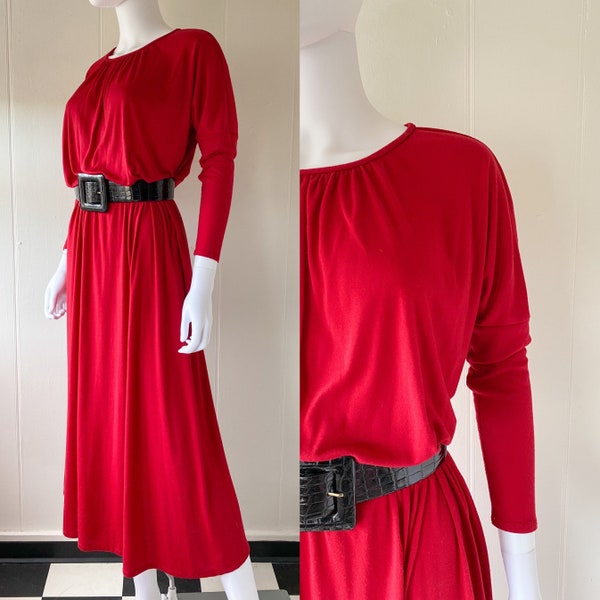 Vintage 1970's Clovis Ruffin Red Long Sleeve Jersey Dress | Small