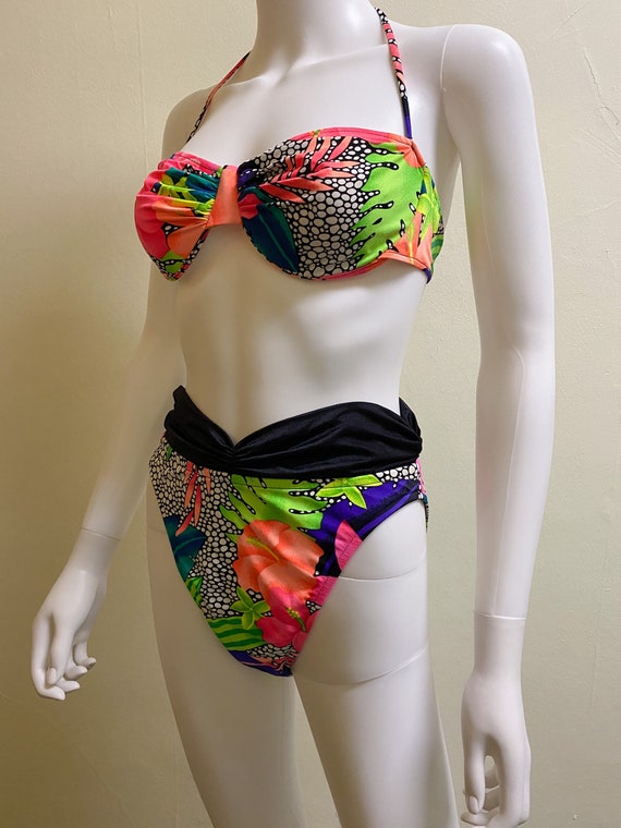 Vintage 1990's Neon Floral High Rise Bikini | Lar… - image 2