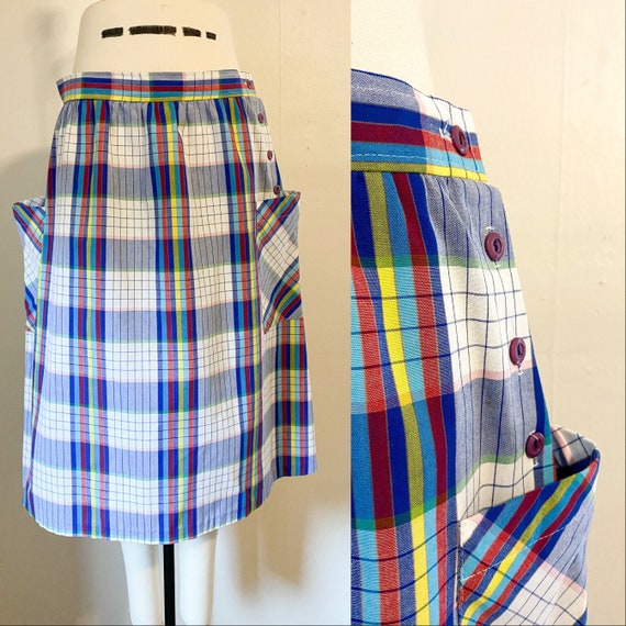 Vintage 1980's Primary Color Plaid Midi Skirt | L… - image 1