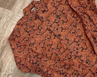orange/navy paisley cinch button up shirt