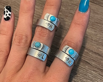 Western Wrap Ring Initial w/ Faux Turquoise Stamped Aluminum 1/4 Band