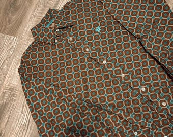 brown/turquoise cinch button up shirt