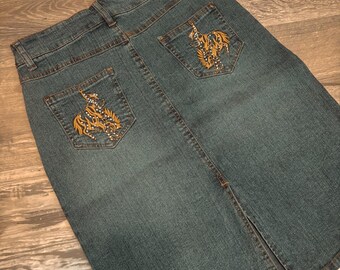 vintage deadstock denim skirt rhinestone rodeo bronc