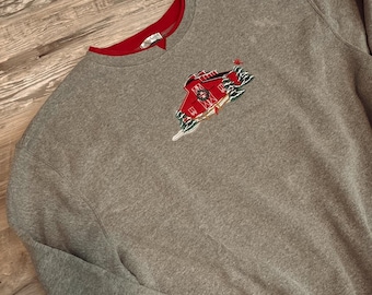 vintage christmas red barn embroidered pullover sweatshirt